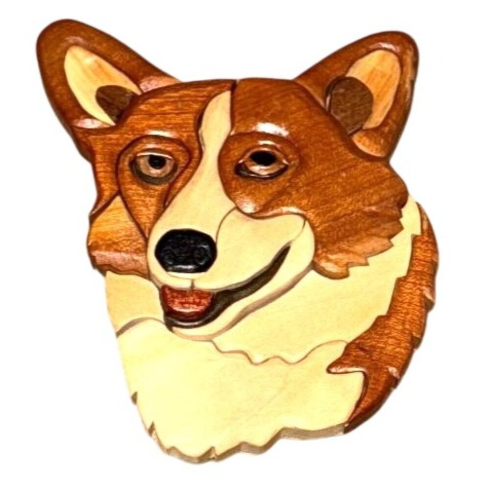 Welsh Corgi Dog Hand Carved Intarsia Wood Wall Plaque Signed by CM Cobb 2003